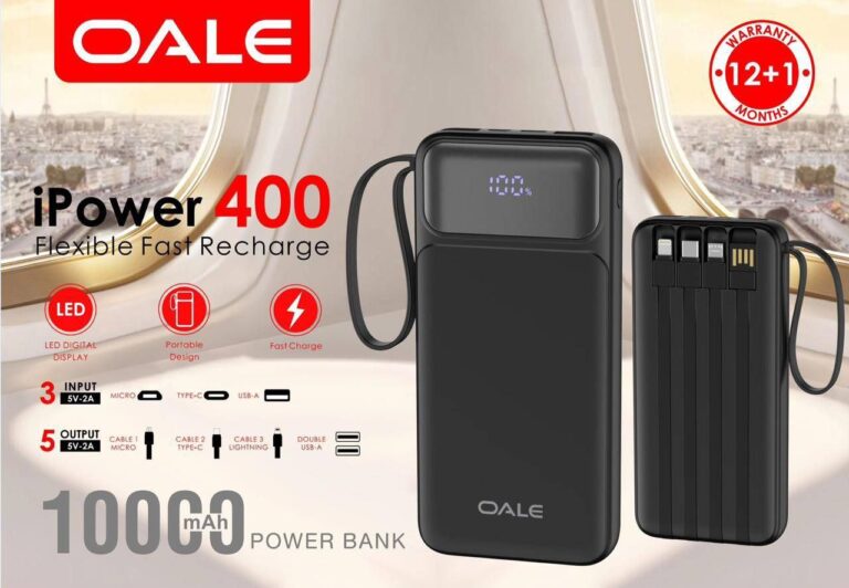 پاوربانک OALE iPower 400 ظرفیت 10000 میلی‌آمپر با شارژ سریع، کابل‌های داخلی و نمایشگر LED