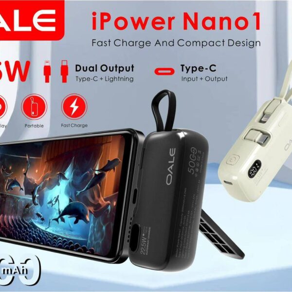 پاوربانک OALE iPower Nano 1 ظرفیت 5000 میلی‌آمپر با شارژ سریع 22.5 وات و خروجی Type-C و Lightning